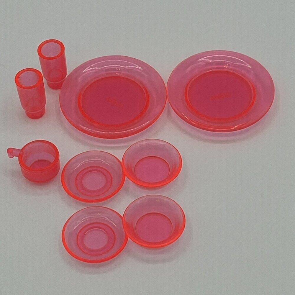 Vintage Barbie Clear Pink Dishes‎ Cups Plates Bowls 9 pcs Mattel
